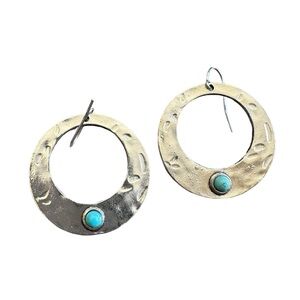 Boho Hammered Silver Open Hoop Drop Earrings with Turquoise Stone Accent